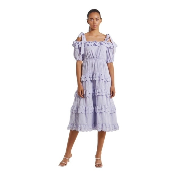 NWT BY MALINA Edda Tiered Ruffle Off the Shoulder Midi Dress Azure Blue Small - Picture 5 of 13